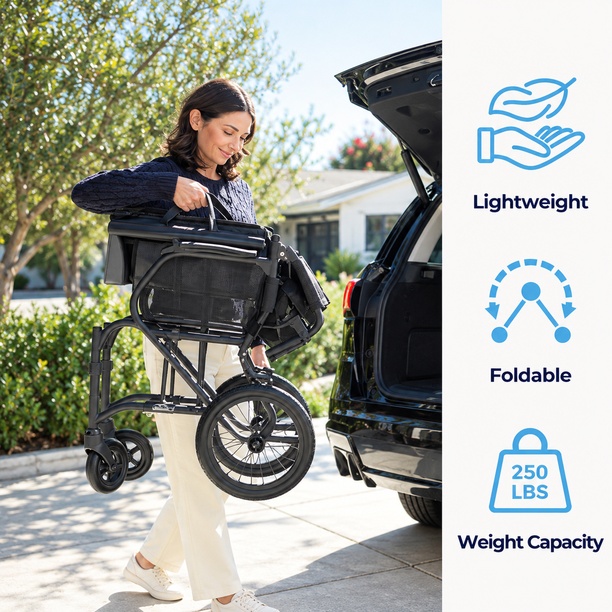 A woman carries a folded black AeroFly transport chair beside an open SUV, with vertically stacked icons highlighting its lightweight design, foldability, and 250-pound weight capacity.