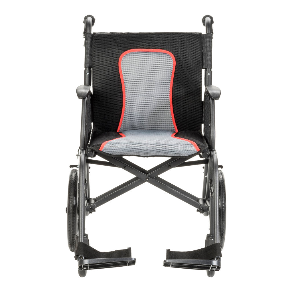 Front view of the black AeroFly transport wheelchair with a gray seat and back cushion, red trim, and two footrests.