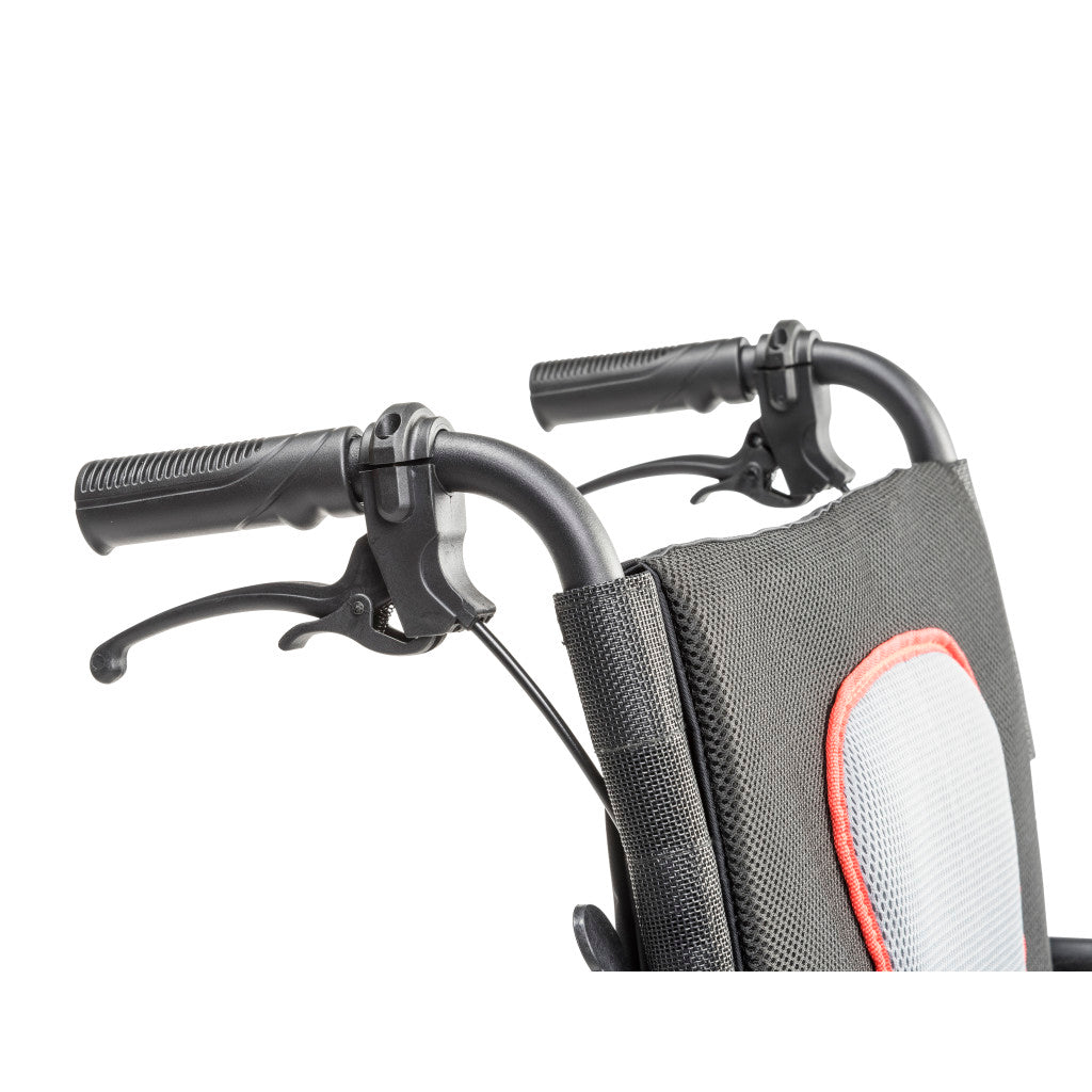 Close-up of the AeroFly wheelchair’s push handles and attendant brake levers above the gray and black backrest.