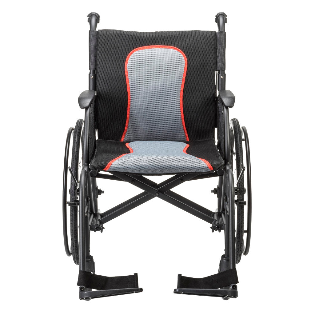 Front view of the black AeroFly wheelchair with gray seat and backrest panels, red trim, and separate footrests.