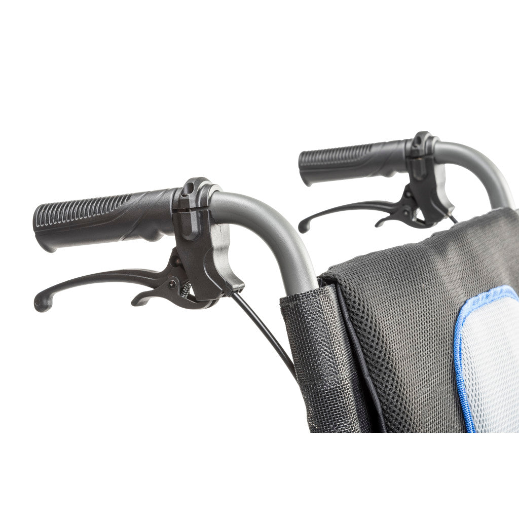 Close-up of the gray AeroFly wheelchair’s push handles and attendant brake levers above the backrest with blue trim.