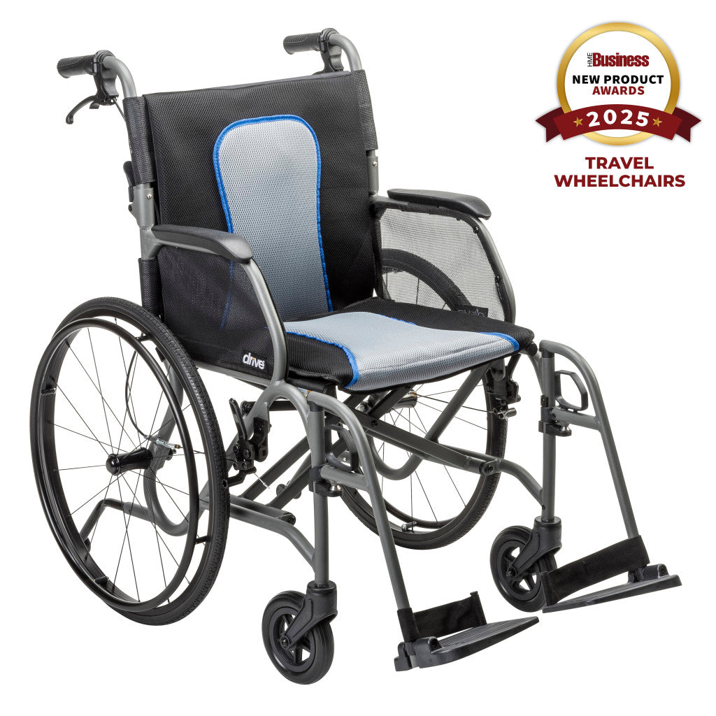 Gray Drive Medical AeroFly wheelchair shown from a front angle with gray seating, blue trim, black armrests, and footrests.