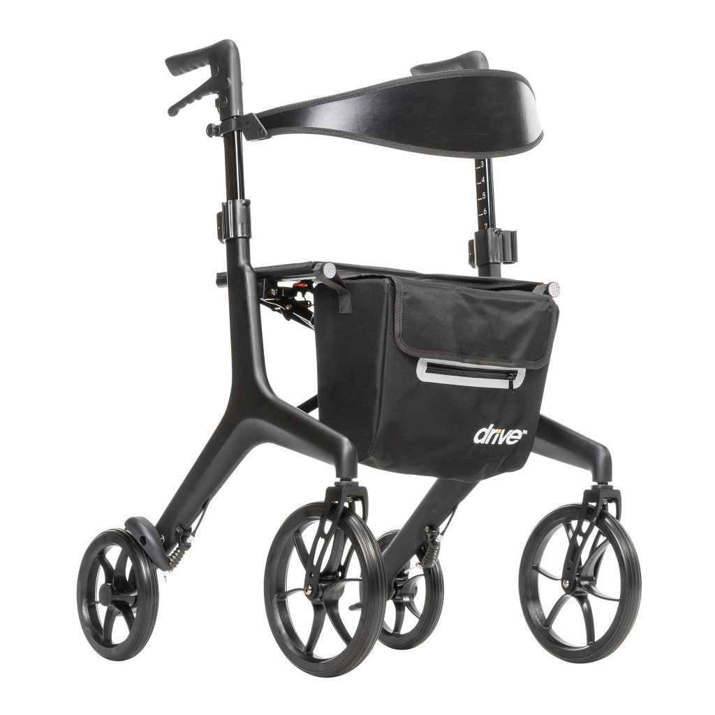 Black AeroCarbon carbon fiber rollator shown at an angle with four wheels, hand brakes, seat, curved backrest, and front storage bag.