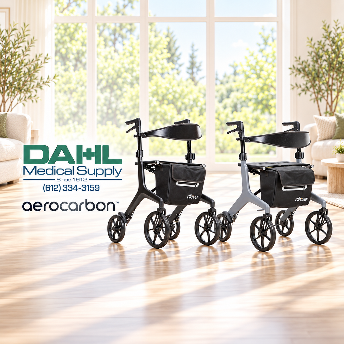 Black and grey AeroCarbon rollators displayed in a bright living room, with the Dahl Medical Supply and AeroCarbon logos to the left in a square layout.