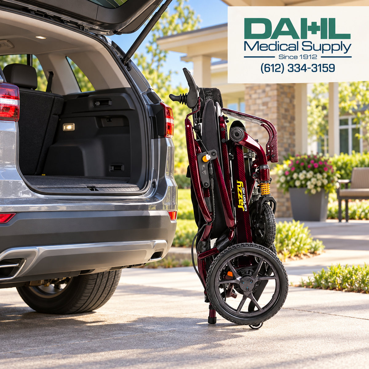 Black Cherry Jazzy Carbon HD power wheelchair folded upright beside an open SUV at an independent living community, with the Dahl Medical Supply logo in the upper right.