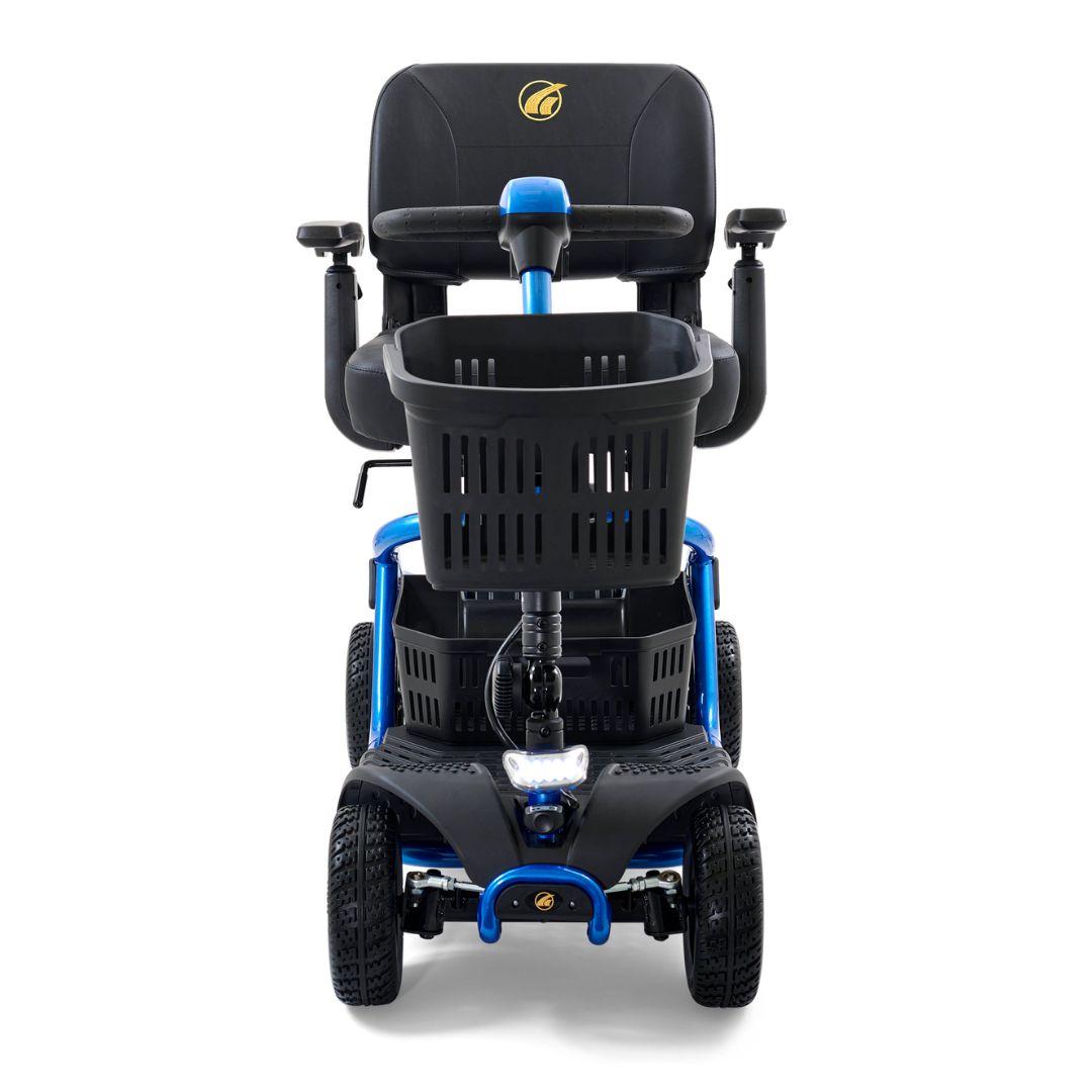 Front view of the blue Golden LiteRider showing its four-wheel stability, headlight, storage baskets and comfortable seat.