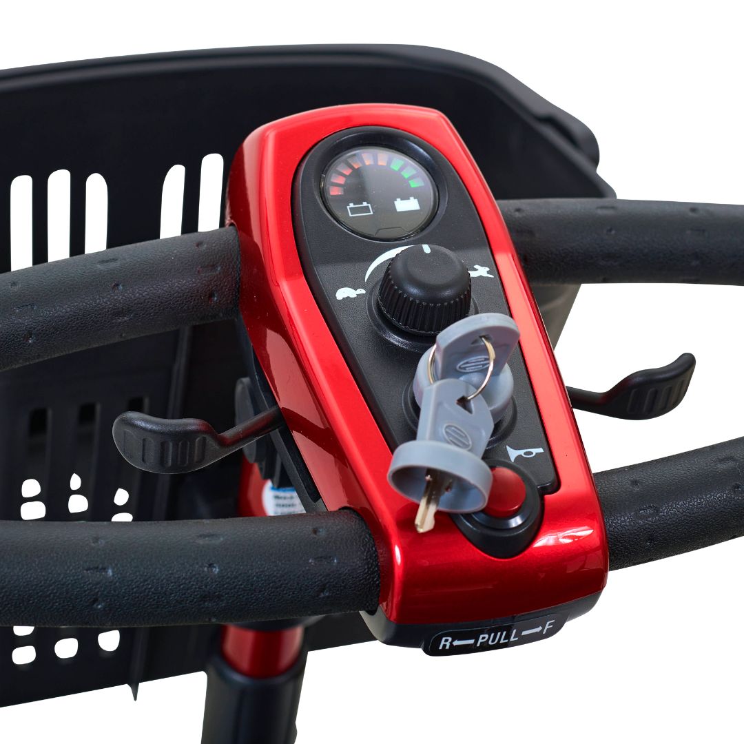 Driver’s view of the LiteRider’s wraparound delta tiller, simple control panel and front storage basket.