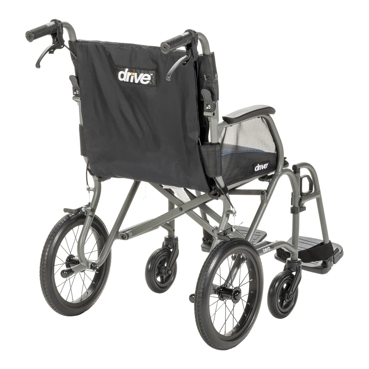 Rear angled view of the grey AeroFly transport wheelchair showing caregiver handles with brake levers, black backrest, and rear wheels.