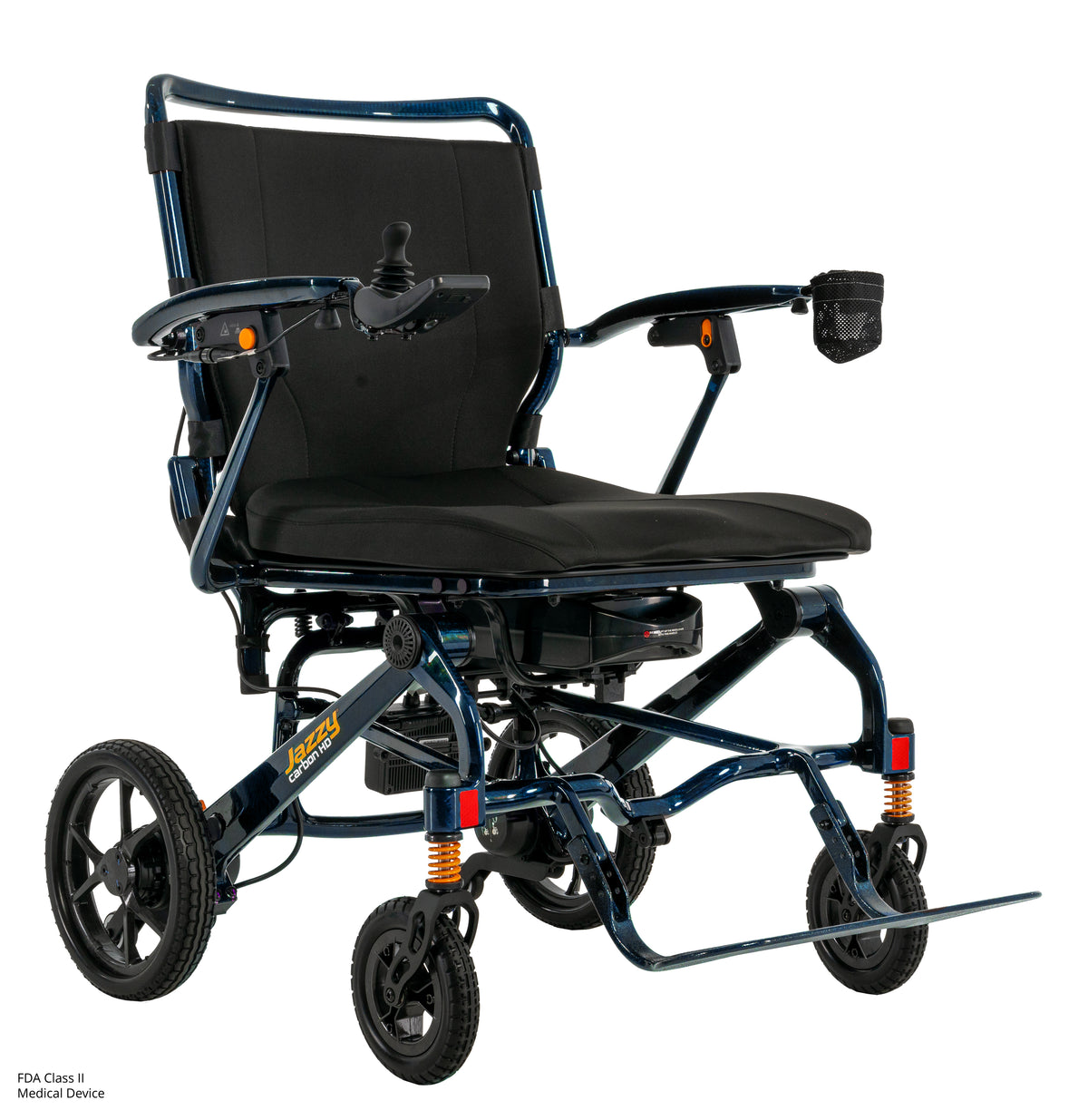 Side profile of the Midnight Blue Jazzy Carbon HD showing its seat, frame, and wheels.