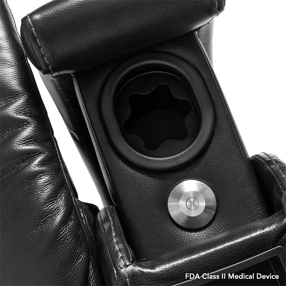 Close-up of the built-in cup holder on the VivaLift Premier PLR-5900, keeping a favorite drink conveniently within reach while relaxing.