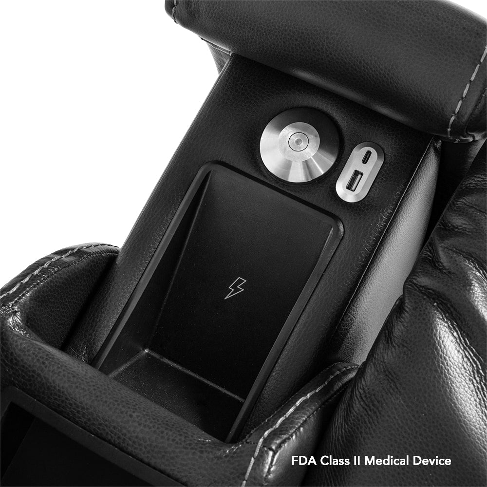 Close-up of the VivaLift Premier PLR-5900 wireless charging area and USB charging ports, making it easy to keep compatible phones and devices powered while relaxing.