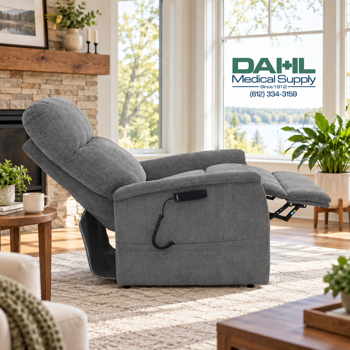 Shale Pride Genesis LC-150 lift chair shown fully reclined with its footrest extended in a bright family room, featuring the Dahl Medical Supply logo.
