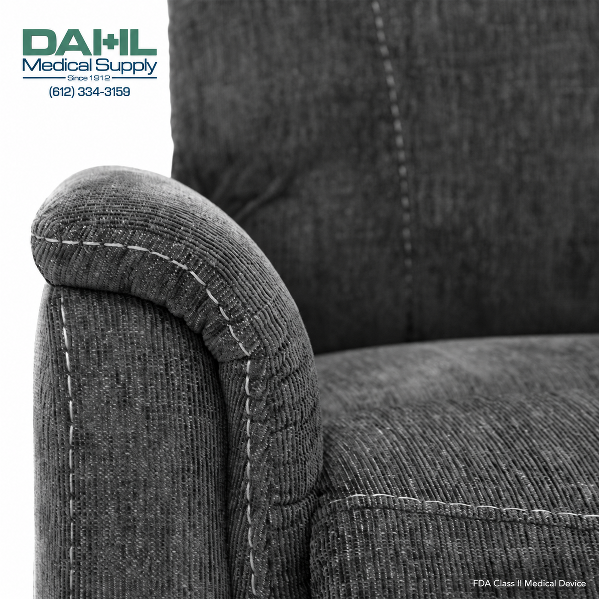 Close-up of the Pride Genesis LC-150 lift chair’s soft Shale upholstery, durable stitching, and plush padded armrest, featuring the Dahl Medical Supply logo.