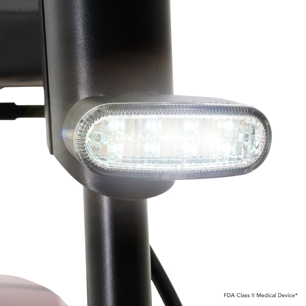 Bright LED headlight on the Pride Go Go Endurance Li mobility scooter for improved visibility and safer travel.