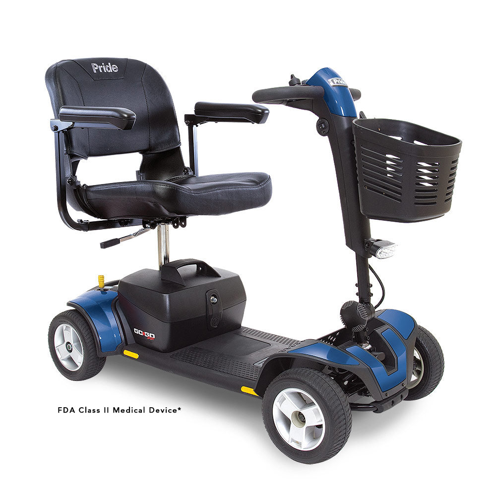 Blue Pride Go Go Sport 4-wheel scooter with adjustable captain's seat, front basket, and stable mobility design.