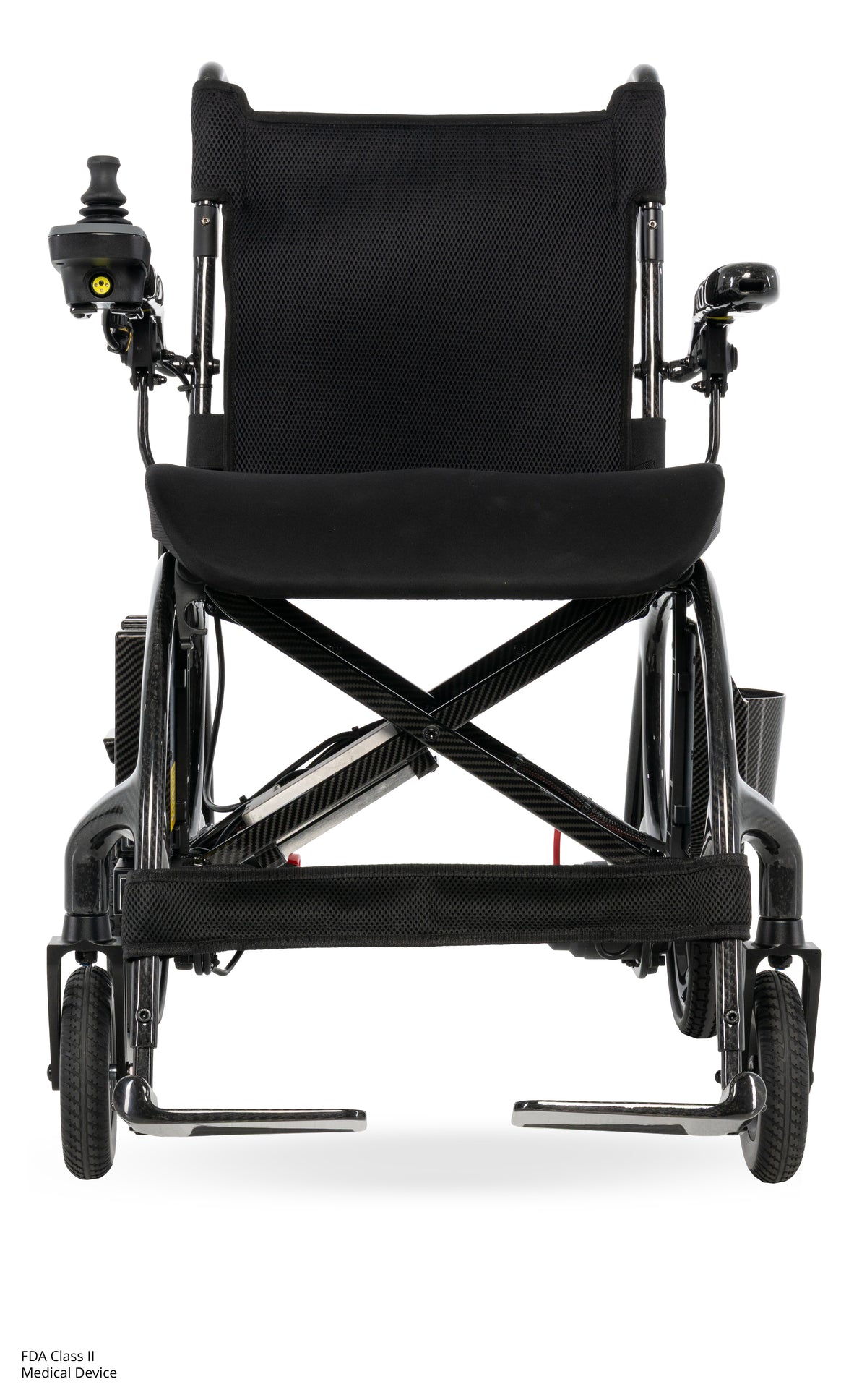 Front view of the lightweight Jazzy Carbon 27X power chair with breathable backrest and adjustable footrests.