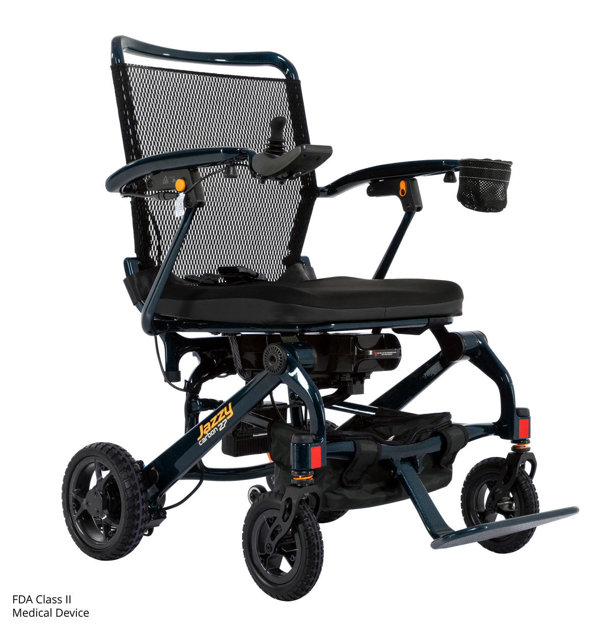 Night Sky Jazzy Carbon 27 power wheelchair on a white background, showing its mesh backrest, joystick, cushioned seat, cup holder, footplate, and carbon fiber frame.