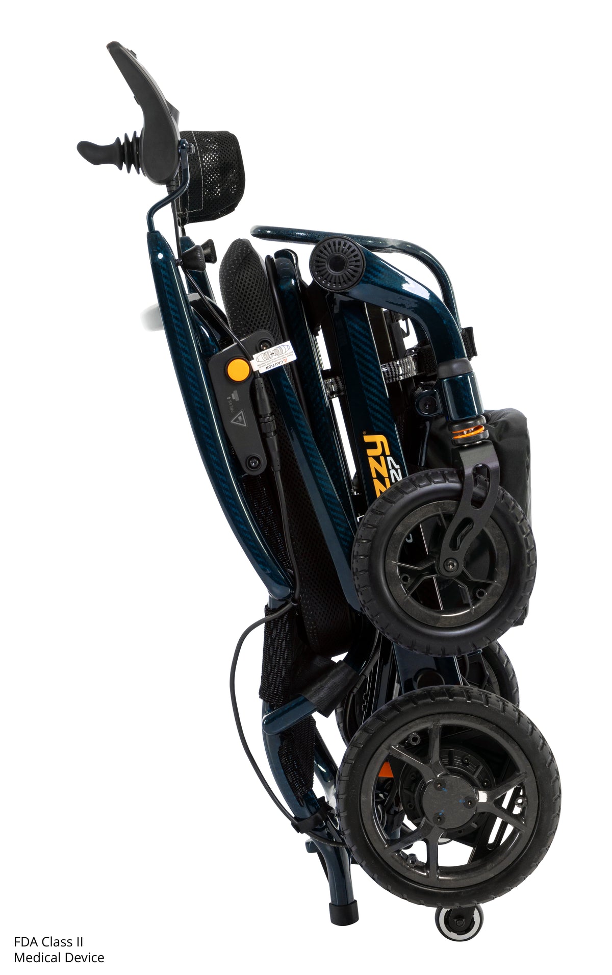 Side view of the Night Sky Jazzy Carbon 27 power wheelchair folded upright, showing its compact frame, wheels, and joystick.