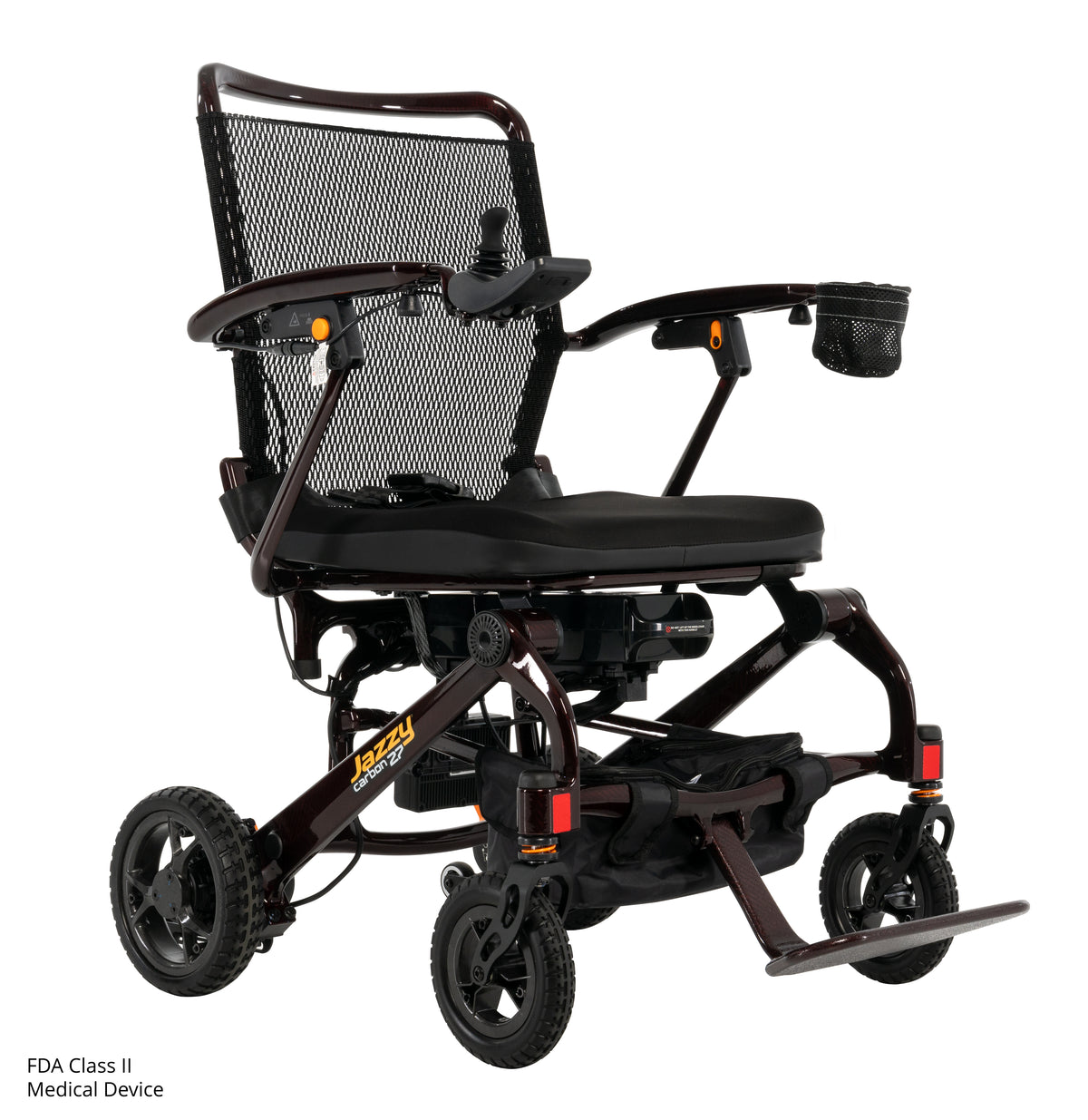 Rear three-quarter view of the Jazzy Carbon 27 folding power chair.