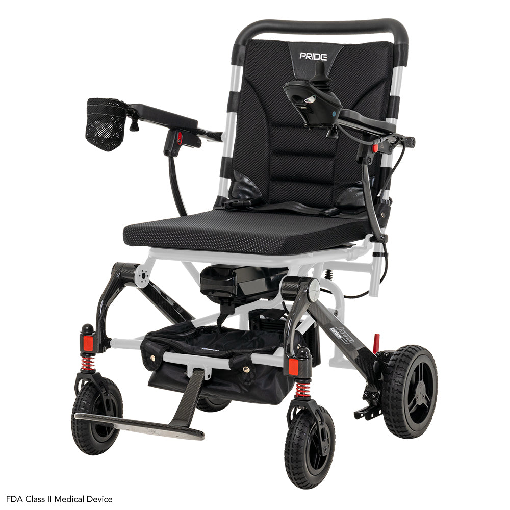 Angled front view of the Pride Jazzy Carbon lightweight power wheelchair.