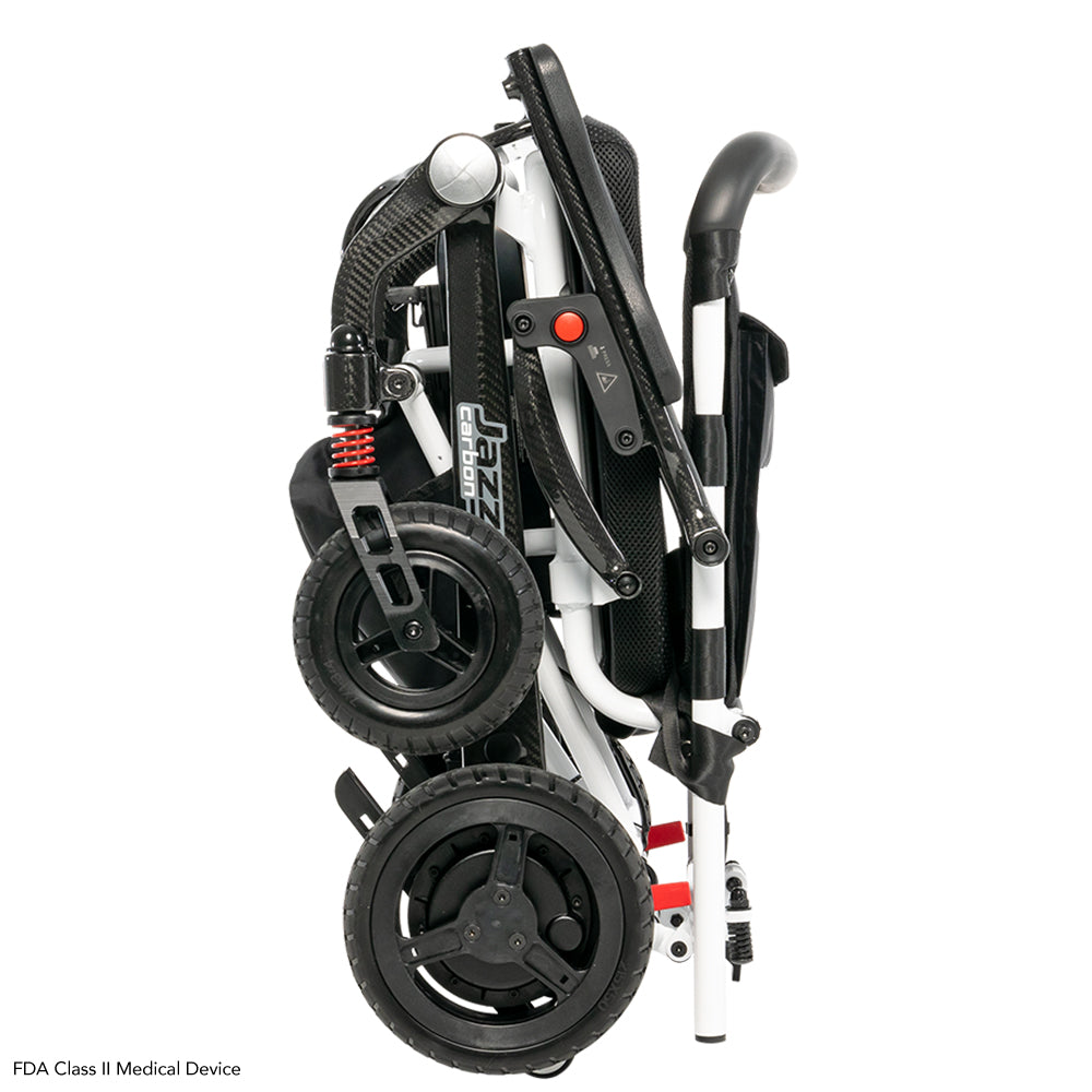 Folded Pride Jazzy Carbon power wheelchair for easy storage and transport.