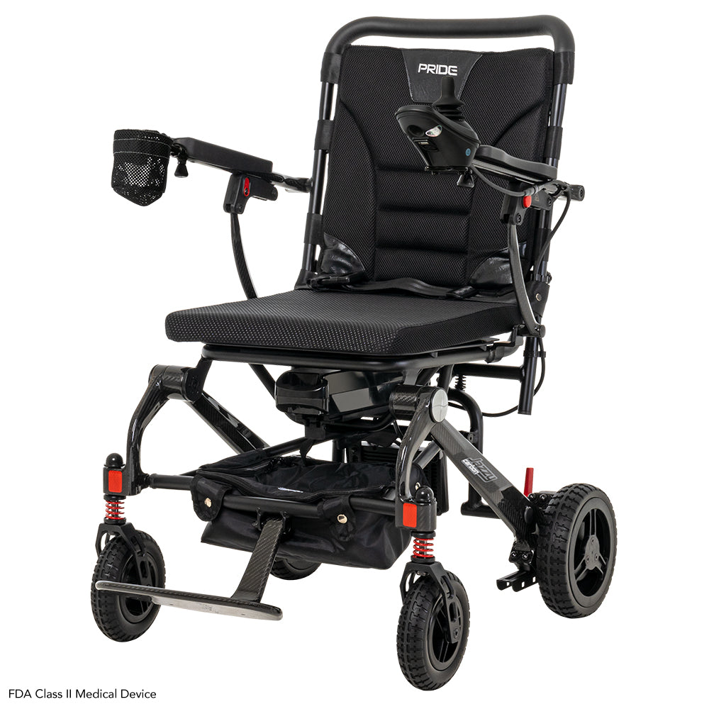Angled front view of the Pride Jazzy Carbon lightweight folding power wheelchair.