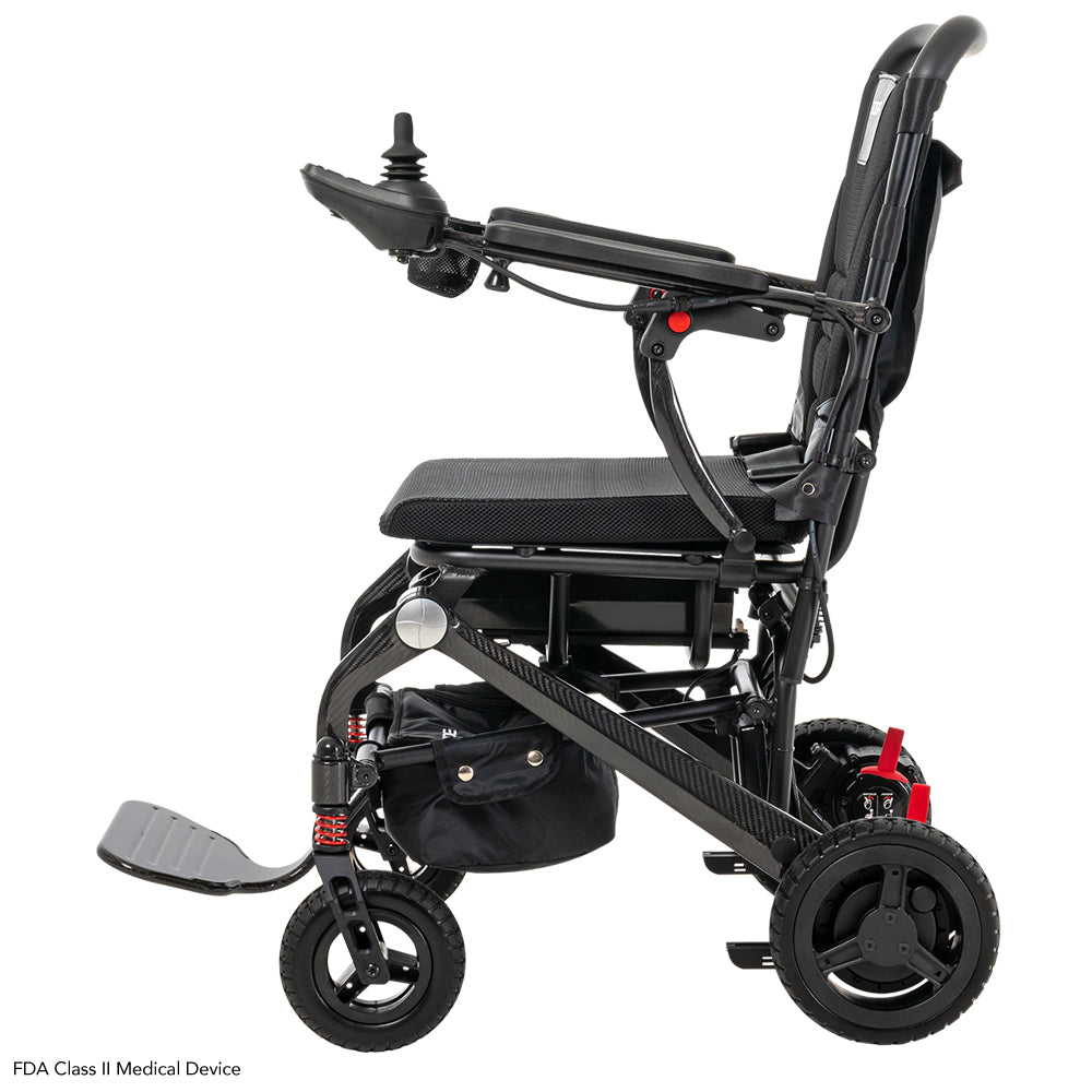 Left side profile of the Pride Jazzy Carbon lightweight folding power wheelchair.