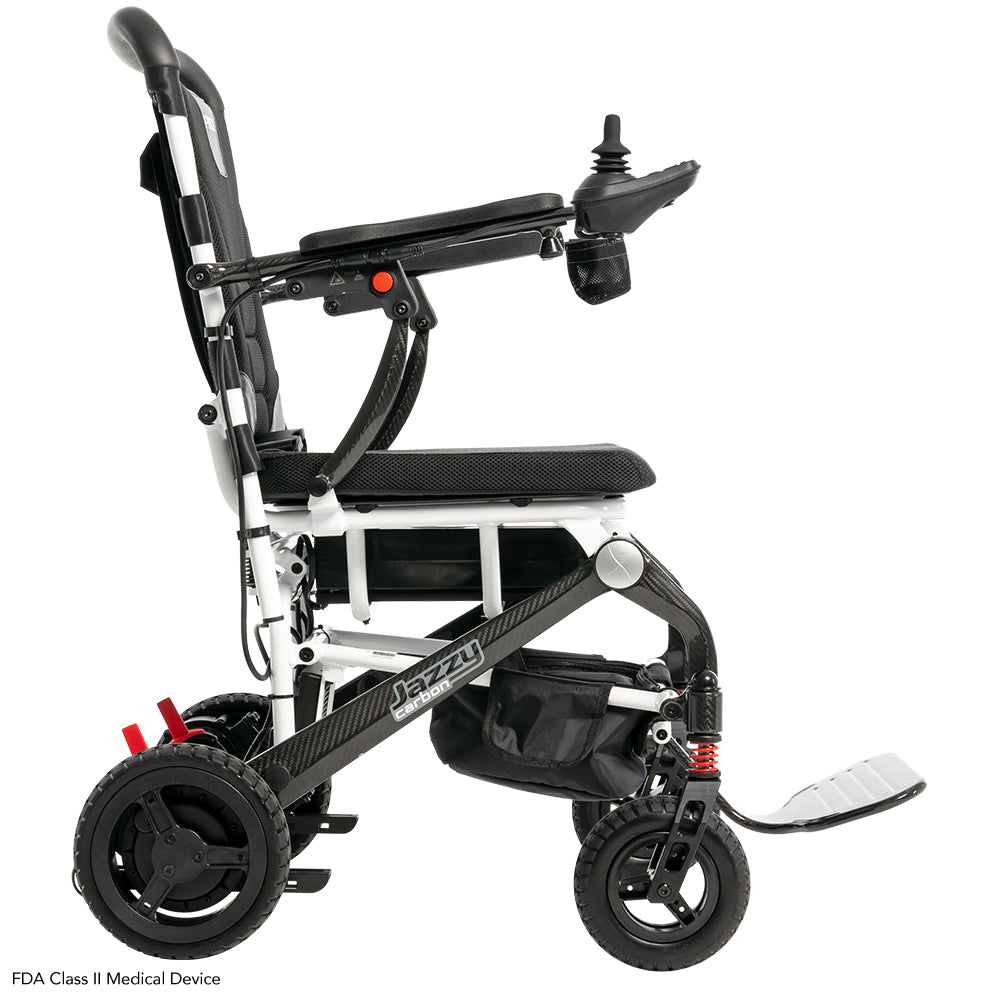 Right side profile of the Pride Jazzy Carbon lightweight power wheelchair.