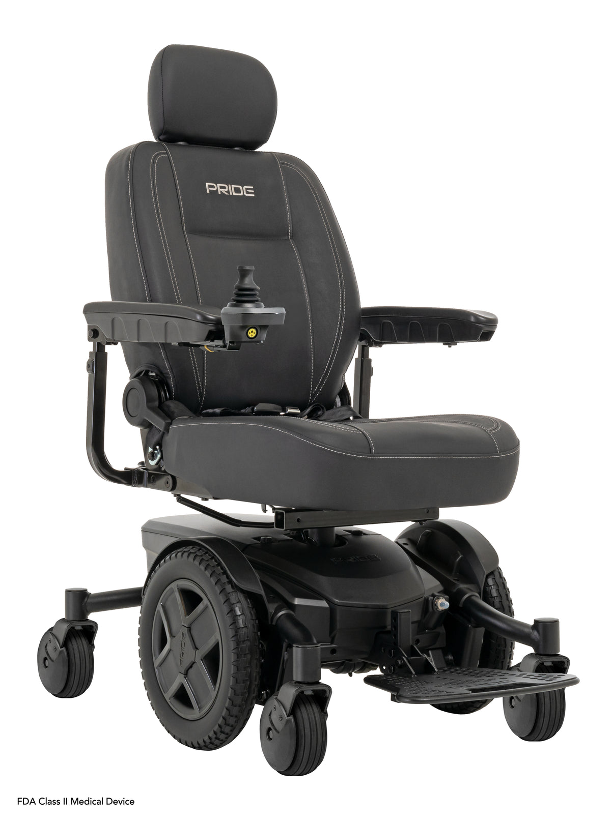 Black Pride Jazzy EVO 613Li powerchair shown at a front angle with a padded seat, headrest, joystick, and footplate.