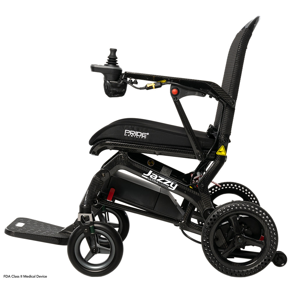 Side profile of the Jazzy Ultra Light carbon fiber power wheelchair.