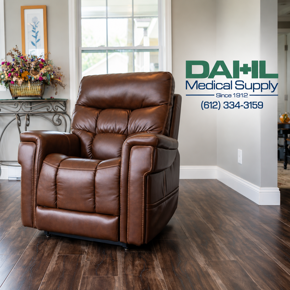 Pride VivaLift! Ultra PLR-4955 power lift recliner in Brown displayed in a comfortable home setting with the Dahl Medical Supply logo.