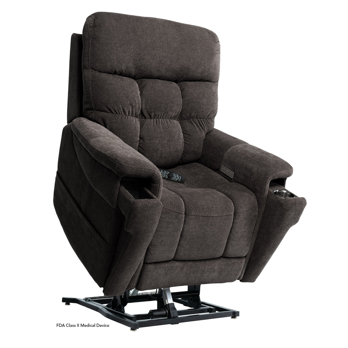 Pride PLR-4955 lift chair in Charcoal raised forward to help users transition more comfortably and confidently from sitting to standing.