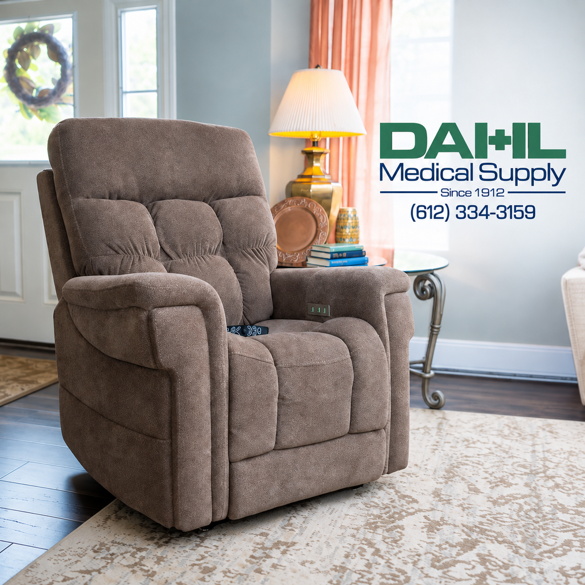 Pride VivaLift Ultra PLR-4955 lift chair in Charcoal displayed in a comfortable home setting with the Dahl Medical Supply logo.
