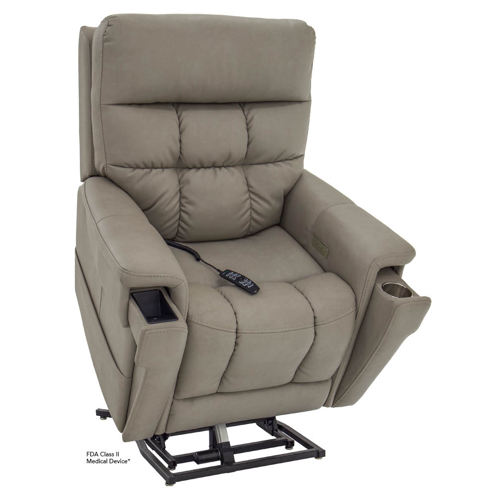 Pride PLR-4955 lift chair in Dove raised forward to help users transition more comfortably and confidently from sitting to standing.