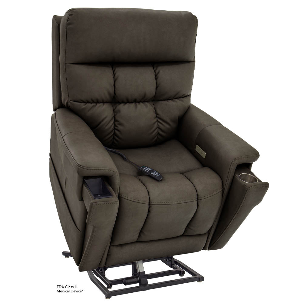 Pride PLR-4955 lift chair in Smoke raised forward to help users transition more comfortably and confidently from sitting to standing.