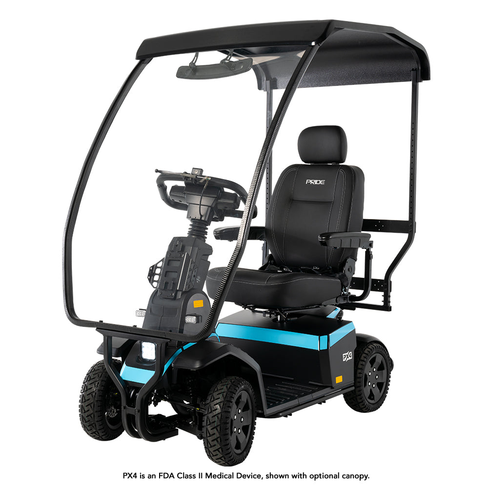 Blue Pride PX4 mobility scooter featuring an optional canopy, comfortable seat, and rugged four-wheel design.