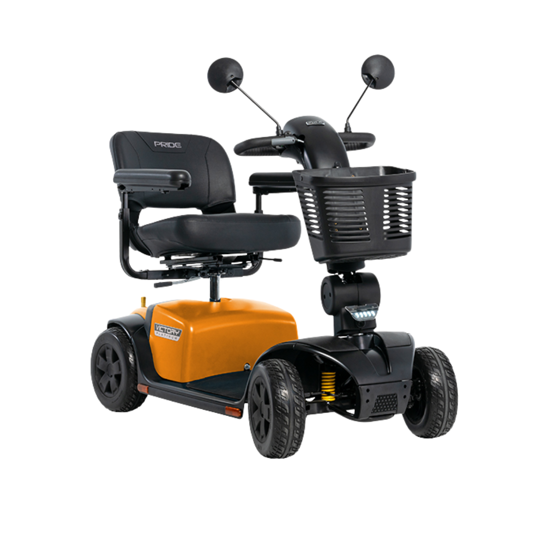 Pride Victory Platinum mobility scooter in Tangerine orange, available at Dahl Medical Supply