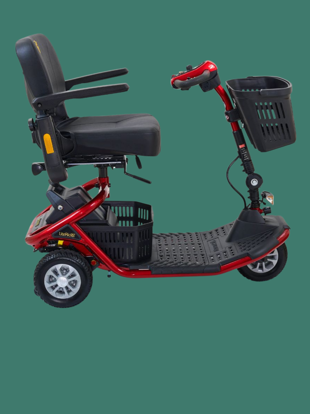 Side view of the red Golden LiteRider 3-wheel scooter featuring a comfortable seat, spacious floorboard and convenient dual storage baskets.