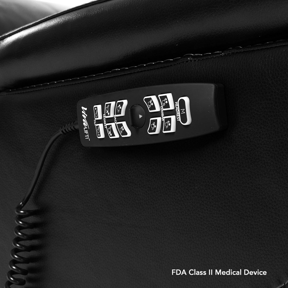 Close-up of the VivaLift Premier PLR-5900 hand control with clearly marked buttons for adjusting the chair’s comfort and positioning settings.