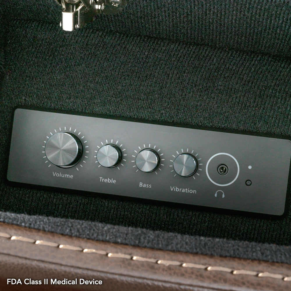 Integrated audio system on the VivaLift Premier PLR-5900 provides adjustable volume, treble, bass and vibration controls.