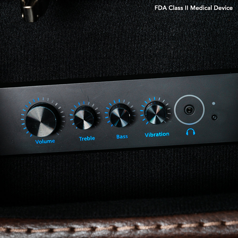 Built-in audio control panel on the VivaLift Premier PLR-5900 with volume, treble, bass, vibration and headphone controls.