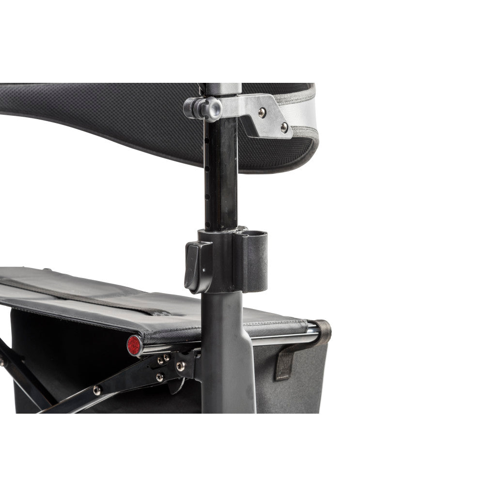 Close-up of the AeroCarbon rollator’s handle support post and height adjustment knob beside the seat and backrest.