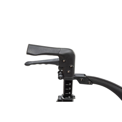 Close-up of the AeroCarbon rollator’s black handgrip, brake lever, and numbered handle height adjustment markings.