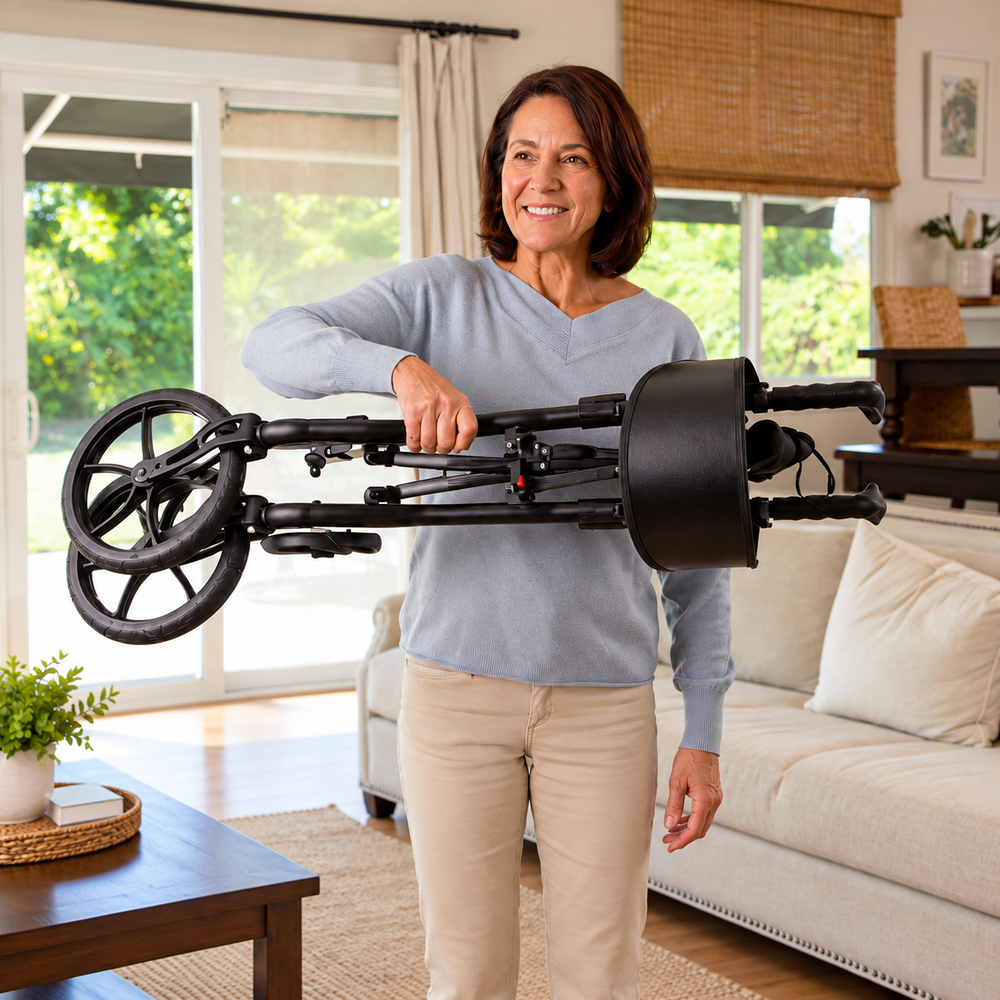 Woman holding a folded black AeroCarbon carbon fiber rollator horizontally in a bright living room, demonstrating its compact, portable design.