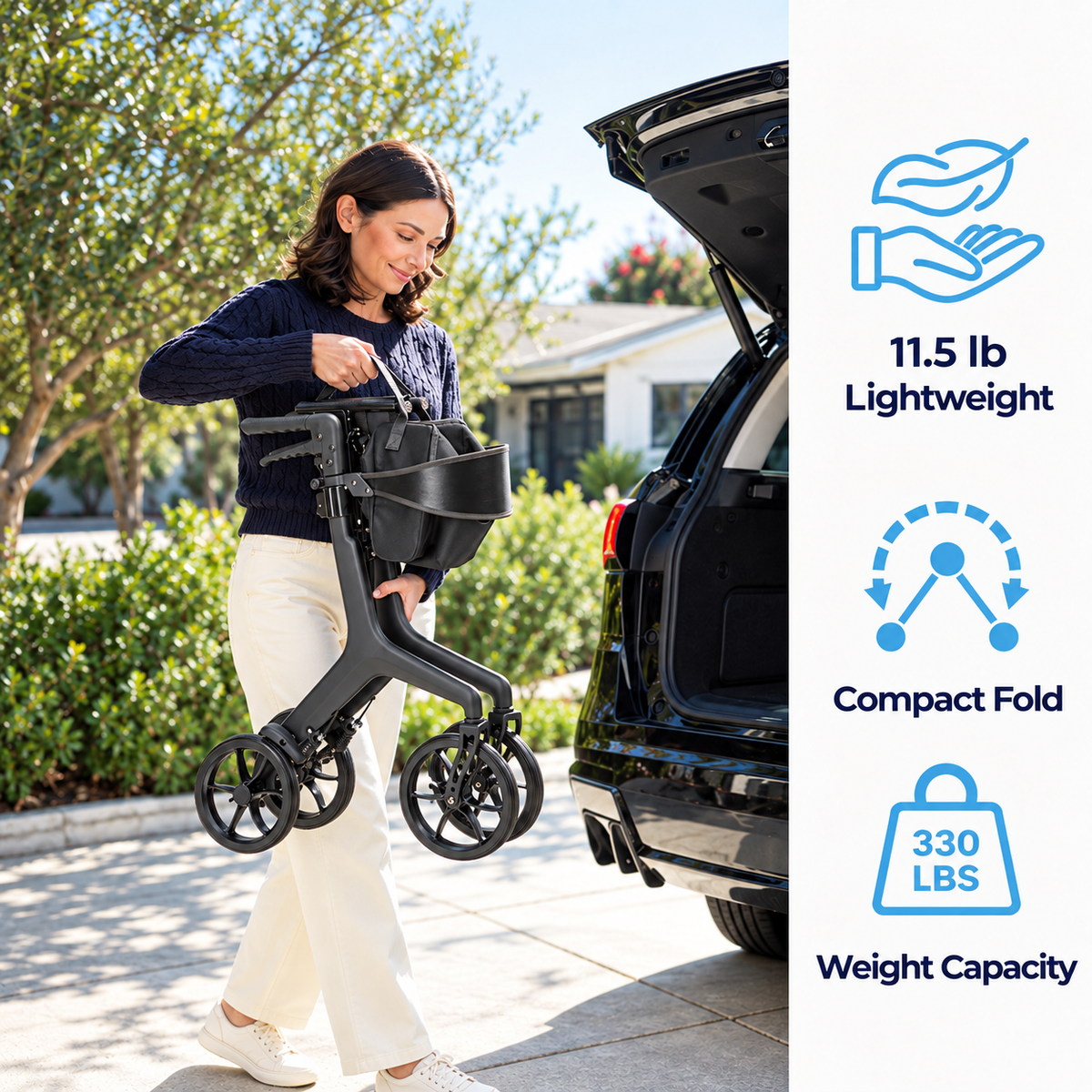 Woman lifting a folded black AeroCarbon rollator beside an open SUV, with icons highlighting its 11.5-pound weight, compact fold, and 330-pound weight capacity.