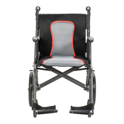 Front view of the black AeroFly transport wheelchair with a gray seat and back cushion, red trim, and two footrests.