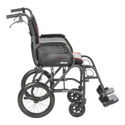 Side view of the black AeroFly transport wheelchair showing padded armrests, rear wheels, caregiver handles, and footrests.