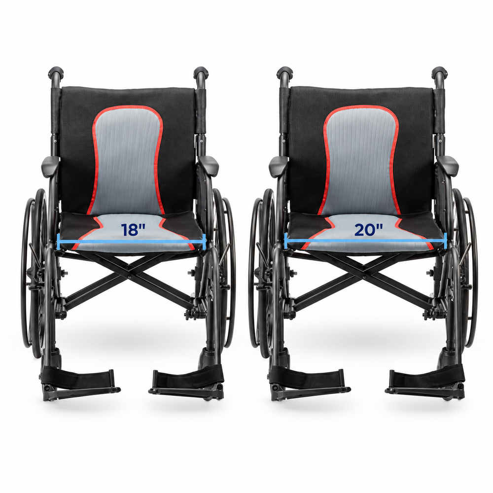 Front views of two black AeroFly wheelchairs with red seat trim, showing arrows labeled 18 inches and 20 inches across the seats to compare seat widths.