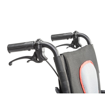 Close-up of the AeroFly wheelchair’s push handles and attendant brake levers above the gray and black backrest.