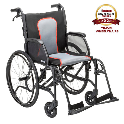 Black Drive Medical AeroFly wheelchair shown from a front angle with gray seating, red trim, armrests, and footrests.